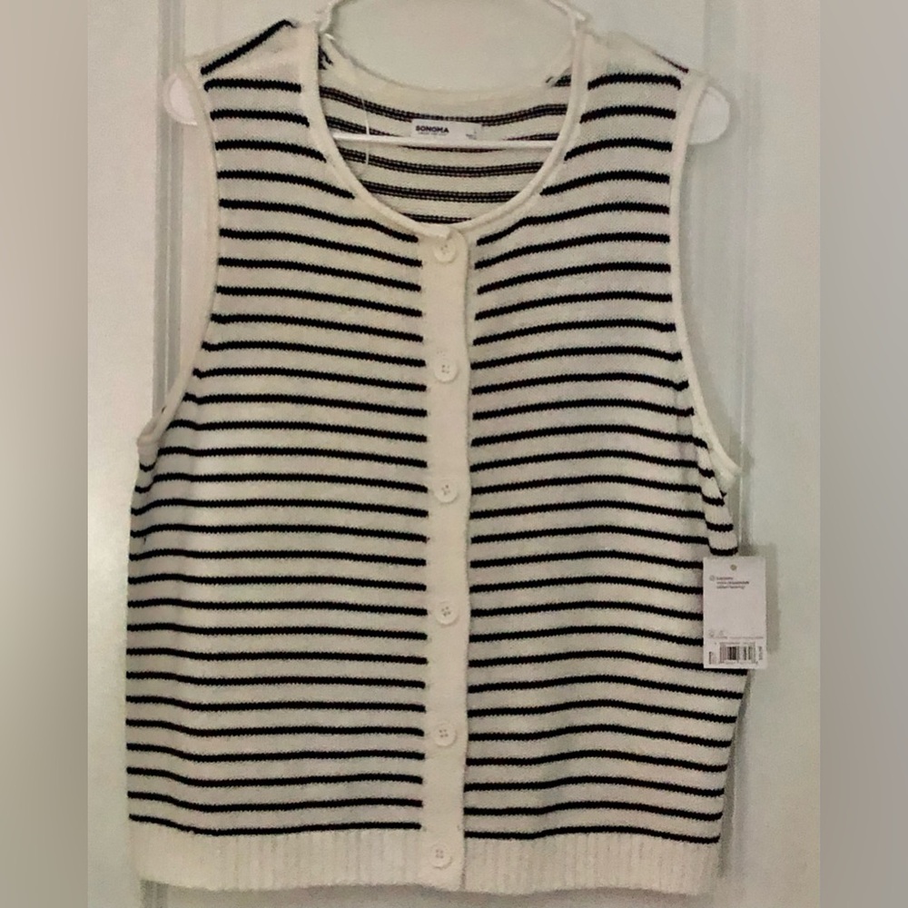 Sonoma White Button Down Sweater Vest with Black Stripes ~ L ~ NWT